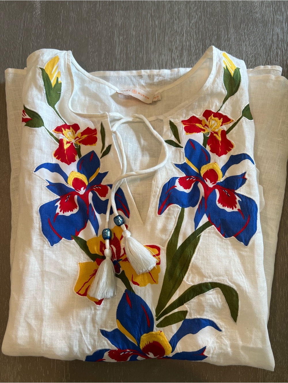 Tory Burch Iris beach tunic Embroidered White Floral Tie-Neck Women's Top XL - Picture 6 of 11